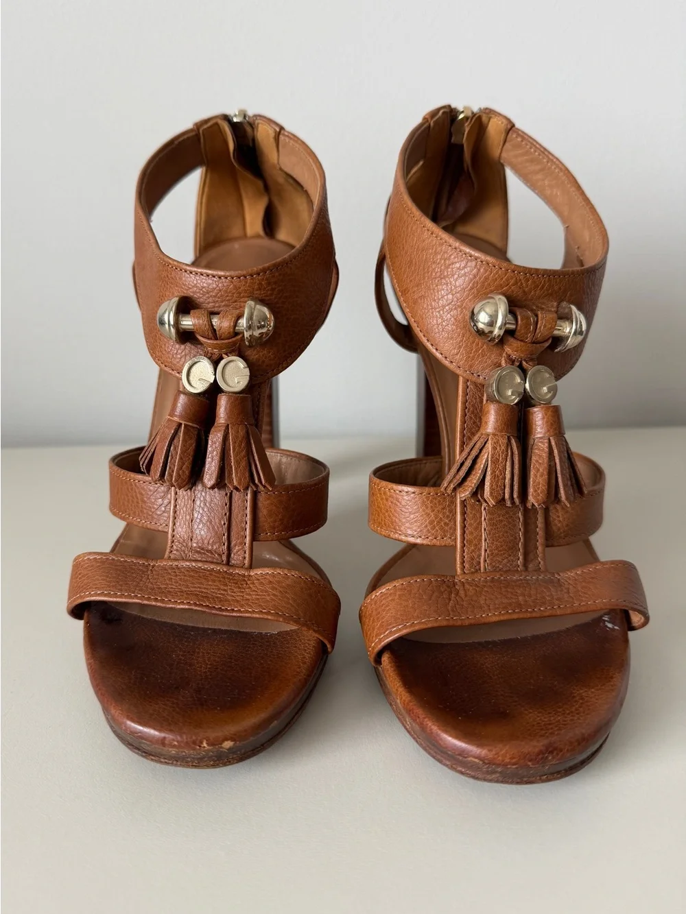 Gucci Brown Pebbled Leather Marrakech Open-Toe Block Heel Sandals Size 36